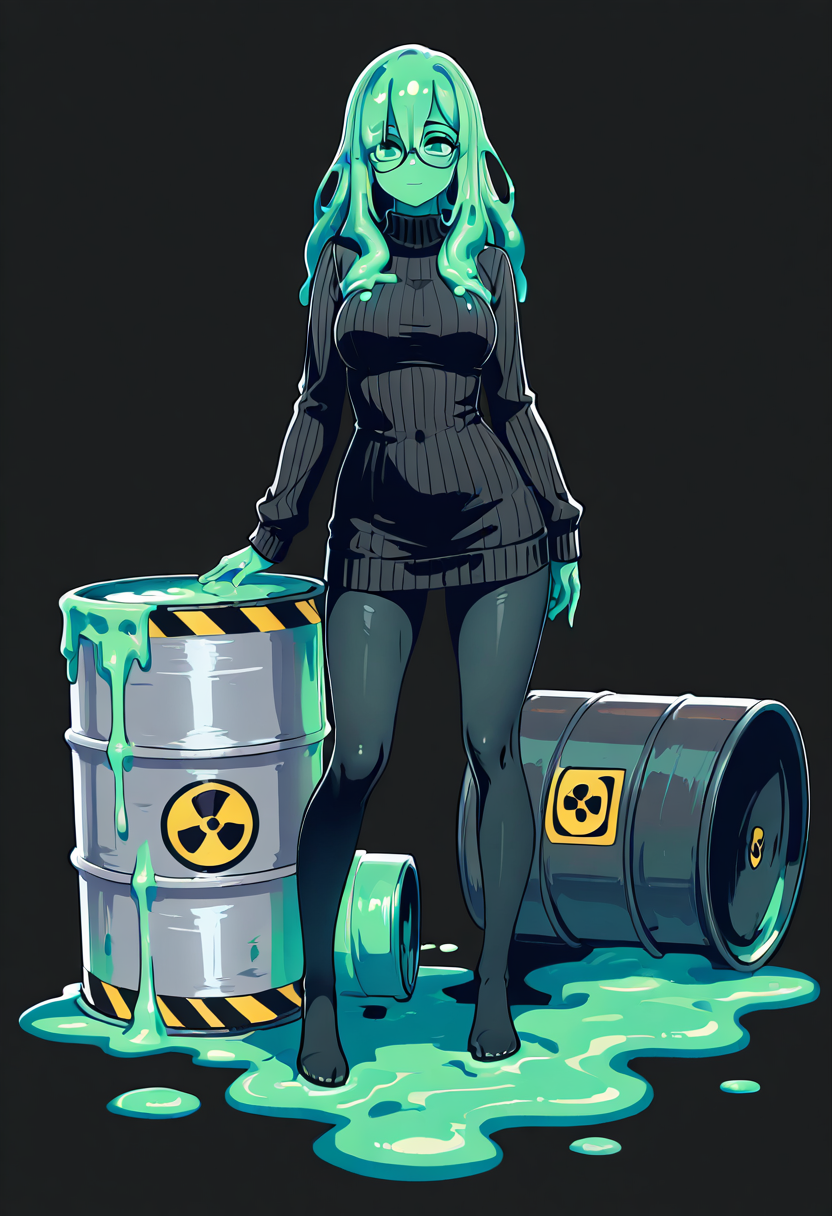 masterpiece, best quality,   t0x1c, solo, 1girl, monster girl, slime girl,  standing, full body, pantyhose, glasses, black dress, sweater, drum (container), long hair, simple background, long sleeves, white background, full body,   ,  <lora:ToxicBarrel_IXL:1.0>,