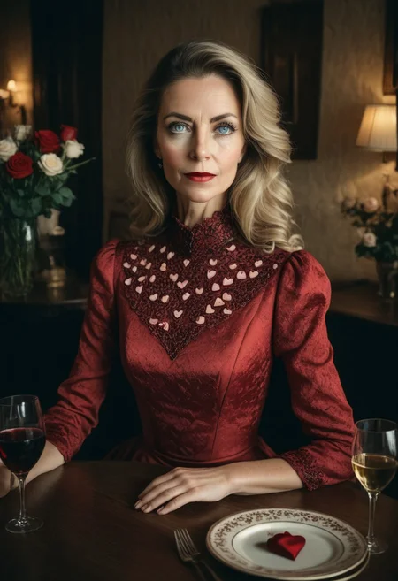 Realism_Quality_2xx_By_Stable_Yogi, 1girl, 30 years old, long wavy hair, blonde hair, blue eyes, gentle smile, long eyelashes, eyeliner, red lips, makeup, red dress, date_pov, across table, sitting, valentine, roses, wine, diner, night, candles, (romantic:1.4), (floating hearts:2.1), fully dressed, closed dress, high collar dress, Victorian dress, Victorian style, Victorian age, Britnee_Wilkes_P_MXAI, Mature brunette.
