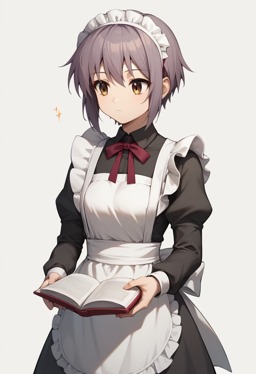 score_9,score_8_up,score_7_up,<lora:nagato_yuki_pony:1>,solo, puffy_long_sleeves, nagato_yuki, simple_background, expressionless, 1girl, holding_book, white_background, reading, maid_apron, white_apron, closed_mouth, highres