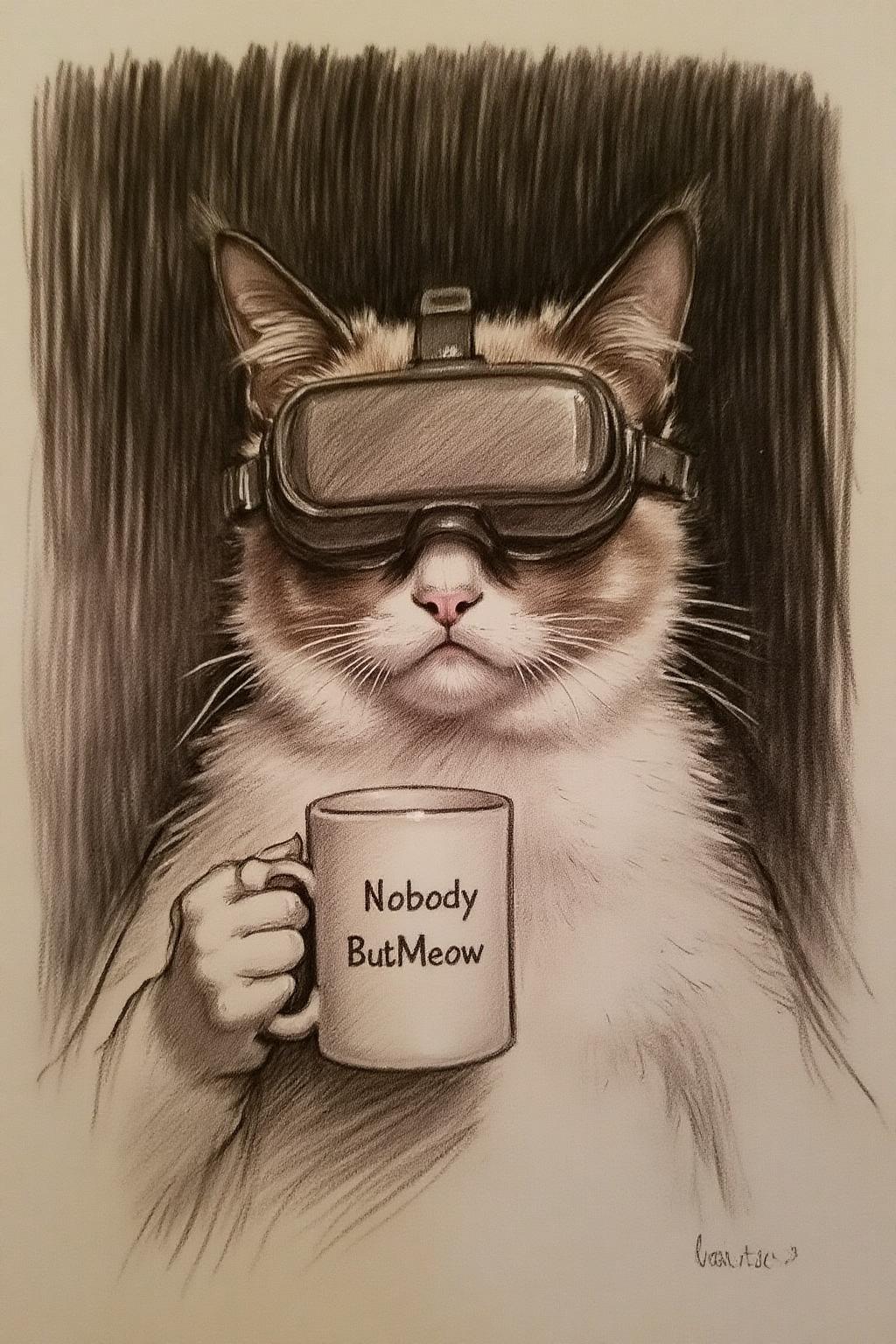 ,johnss1 charcoal drawing.
Grumpy Cat holding a coffee mug, wearing a VR Headset. The mug has the phrase "NobodyButMeow" printed
The background is shaded, textured and sketchy, creating a striking contrast that highlights the subjects. <lora:johnss1_cap_d6a3e12:1.0><lora:824345485860113607:0>