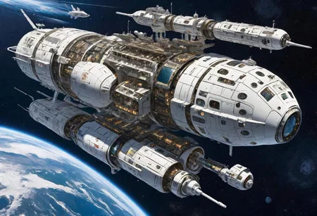 A rectangular flat and long spaceship, many antennas, laserguns, large engines, hangar with warships, docks on the outside of a ((round space station)), maximum detail, high detail [Tsutomu Nihei:Hiromu Arakawa:0.3]