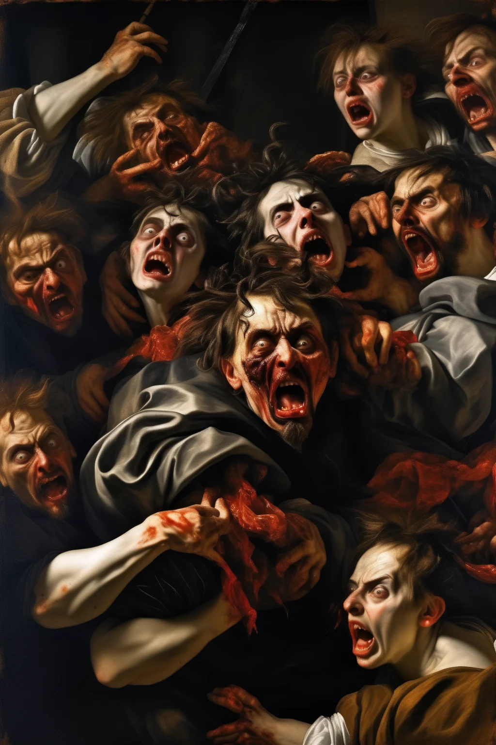 <lora:Peter Paul Rubens Style:1>Peter Paul Rubens Style - Unutterable madness, horror, macabre, as a paint in the style of Caravaggio