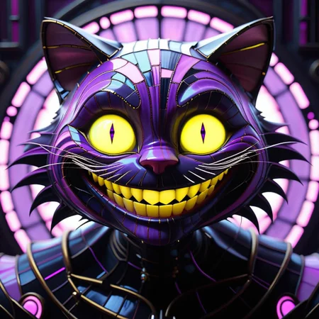 Cheshire cat, big grin, clockwork, steampunk, stained glass, fiber optic, purple and black neon, yellow eyes, white teeth, troncore, radial, dark futuristic, dark space background