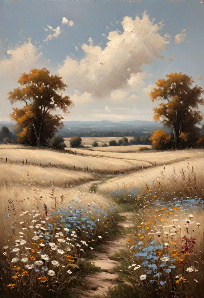 wildflower field landscape, vintage oil painting, antique landscape, country field autumn wall, no bold color, muted neutral, beige color theme with light blue and cream accents --ar 16:9 --style raw --stylize 250