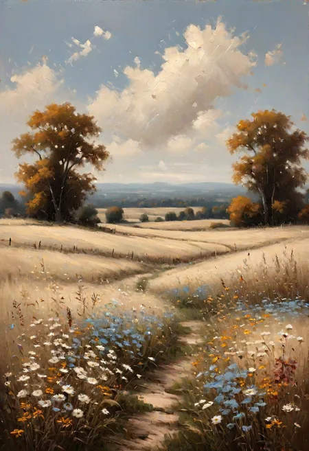 wildflower field landscape, vintage oil painting, antique landscape, country field autumn wall, no bold color, muted neutral, beige color theme with light blue and cream accents --ar 16:9 --style raw --stylize 250