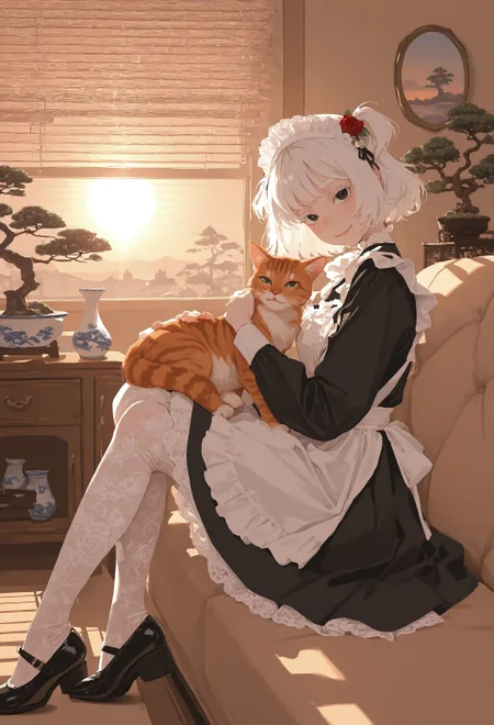 masterpiece, best quality, very aesthetic, highly detailed, absurdres, 1girl, solo, maid, maid apron, black dress, short skirt, long sleeves, black mary jane shoes, white lace pantyhose and maid headdress, white embroidery, pale skin, rose hair ornament, white hair, white eyelashes, white eyebrows, black eyes, glossy lips, short hair, two side up, head tilt, smile, lidded eyes, petting cat, orange tabby cat in lap, sitting on sofa, looking at viewer, looking aside, from side,
indoors, bonsai tree, end tables, relaxing, warm tone, ((sunlight through venetian blinds)), porcelain collection, fancy paintings, dawn, morning, sunrise, ambient light, soft light, comiks,fgg, no lineart, flat color