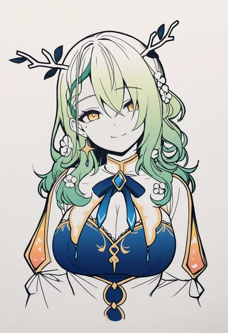 masterpiece, best quality, 1girl, solo, F4unaDef, yellow eyes, mole under eye, green hair, antlers, long hair, braided bangs, hair flowers, blue ribbon, two-tone dress, blue dress, white dress, spot color, greyscale, monochrome, lineart, sketch, graphite \(medium\), traditional media, cropped torso, looking at viewer, smile, head tilt, three quarter view, <lora:ChamCeresFaunaNoob:1>
