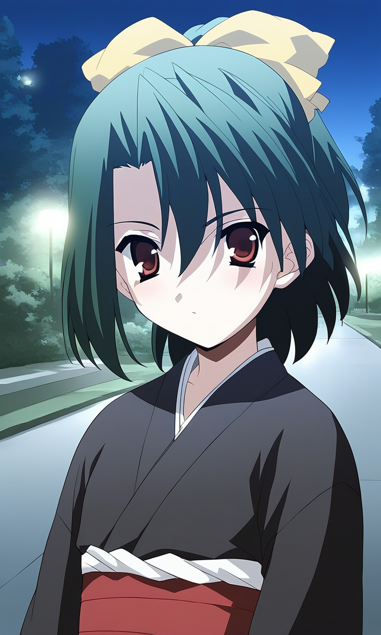 score_9, score_8_up, score_7_up, source_anime, rating_explicit, BREAK  <lora:Kiyoura_Setsuna_XL:1> Kiyoura_Setsuna, black hair, green hair, short hair, Yellow ribbon, ponytail, red eyes, hair ribbon, flat chest,hair between eyes, bangs,
1girl, black kimono, japanese clothes, 
looking at viewer, long sleeves, bow, standing,
cowboy_Shot,
night, park,