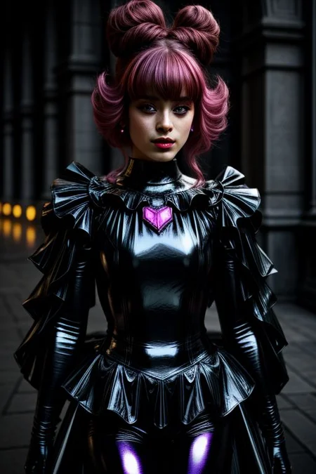 evil corrupted young princess wearing dark pastel (ruffled:1) (gleaming rubber:1.5) EvlSM DarkPrecure Bad_End_Precure gown with (long rubber cape:1) and rubber elbow bridal gauntlets, (Perfect Face:1), soft lighting, glossy red lips, ruffles,