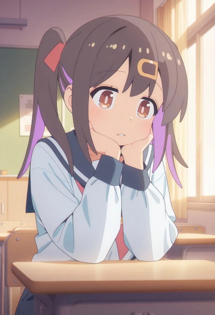 masterpiece,best quality,amazing quality, oyama mihari, hair ornament, hairclip, dark brown hair, brown eyes, purple pigtails, 1girl, solo, classroom, serafuku, school uniform, anime coloring