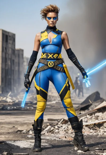 1girl, fashion, high quality photo, Runway fashion, beautiful model, striking features, strange outfit colored blue yellow and black, X-Men logo belt,sfw, battle stance, glowing eyes, battlefield, burning rubble