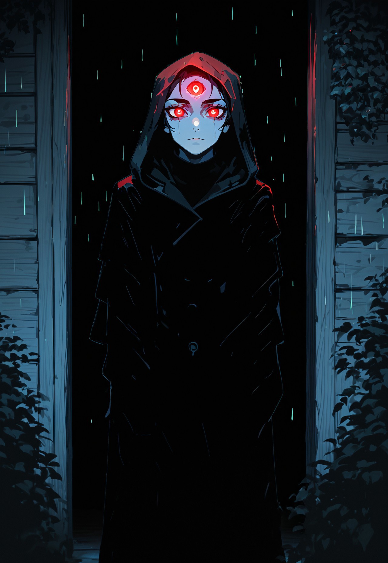 Blend_in, black background, a black clothed figure is standing under a porch in front of a manor in disarray, small glowing red eyes looking at the viewer, heavy rain, night, extremely dark