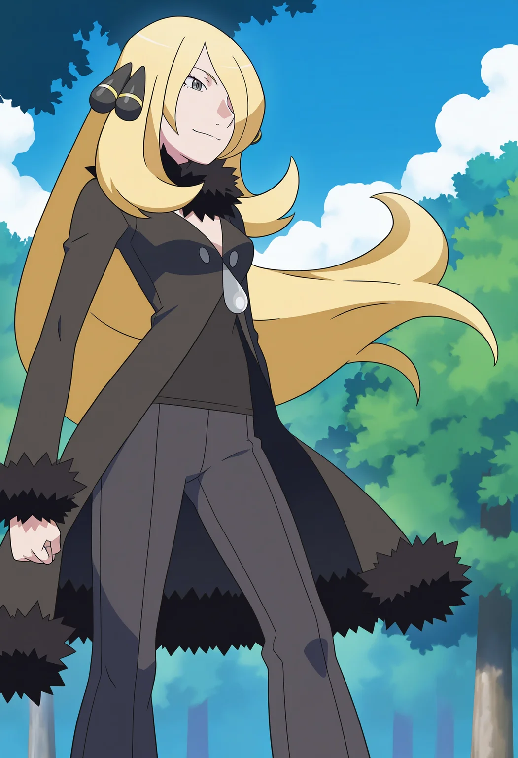 (watanabe akio:0.6), monogatari \(series\), promotional art, highres, absurdres, newest, masterpiece, best quality,
BREAK
1girl, cynthia \(pokemon\), blonde hair, hair over one eye, very long hair, grey eyes, eyelashes, hair ornament,
black coat, fur-trimmed coat, pants, shirt, fur collar, long sleeves,
outdoors, forest, blue sky, <lora:CynthiaIllustriousXL_byKonan:1>