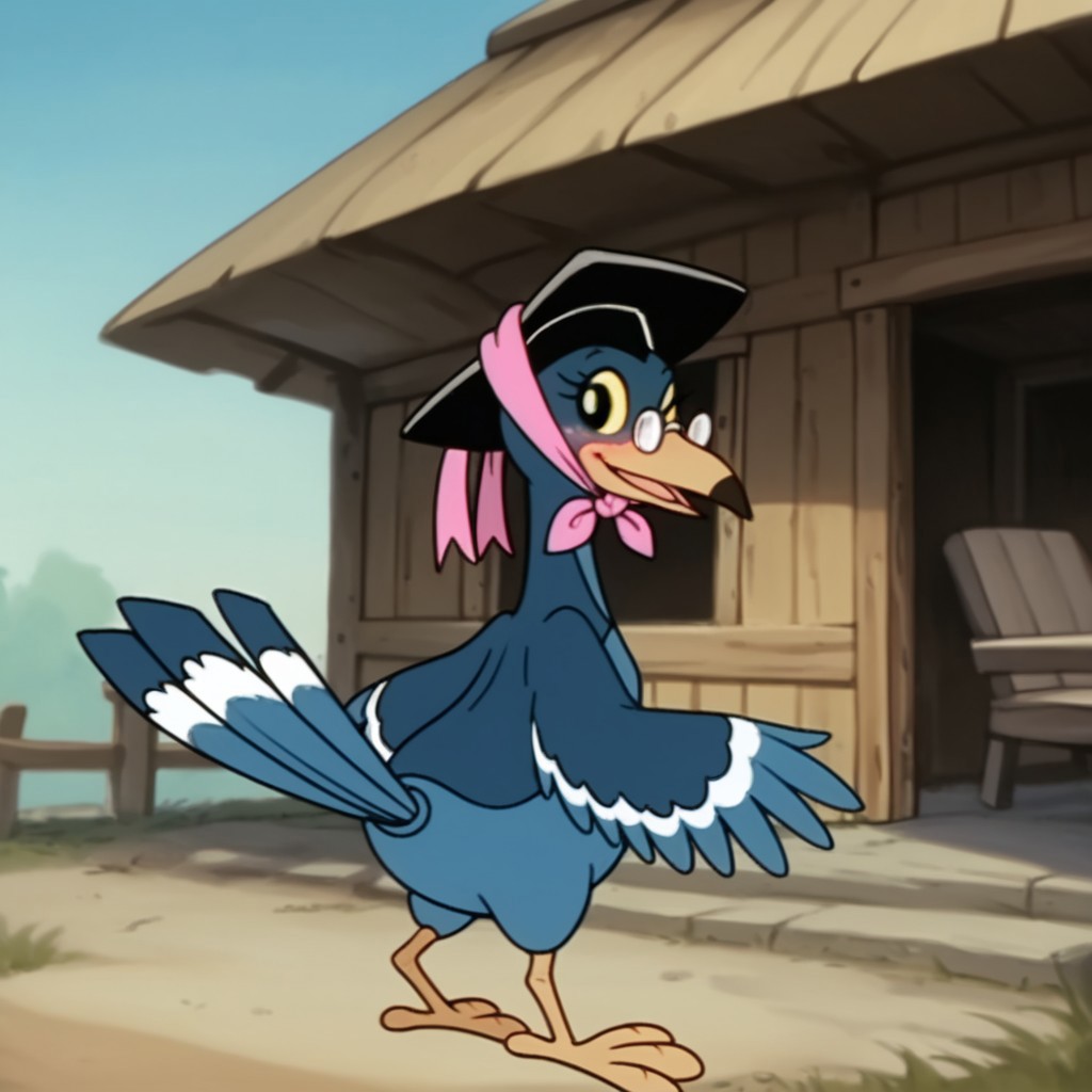 score_9, score_8_up, score_7_up, score_6_up, score_5_up, score_4_up, source_furry, Magpiebbv2, semi-anthro, female, bird, blue feathers, yellow beak, hat, glasses, black eyes, yellow sclera, standing, from behind, tailed tail, looking back, wink, blush, outside
