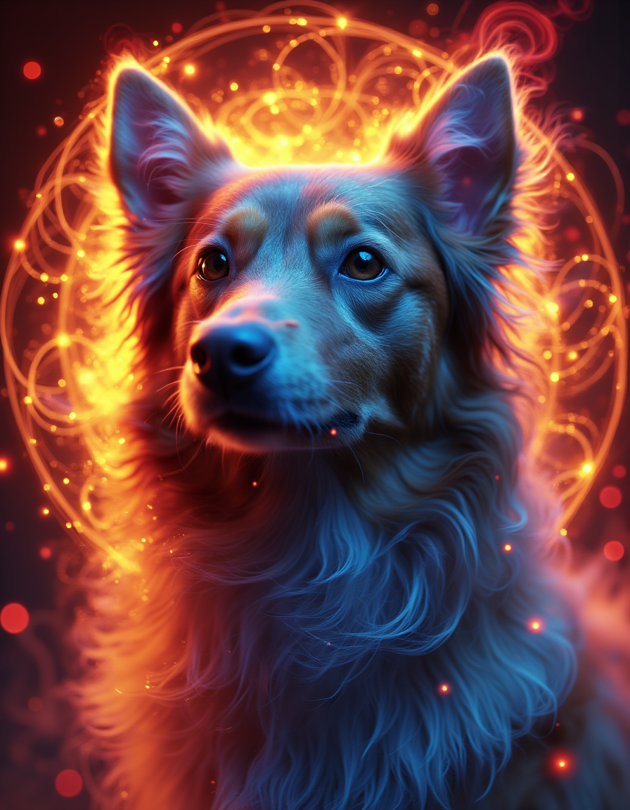 <lora:aura_v2_beta2:1>,auralora,the image features a dog with long hair. She has a determined expression on her face and is surrounded by a halo of bright light with intricate,colorful glow.,