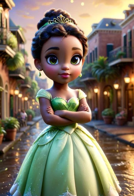 pam-swtvrld disney princess tiana, New Orleans background, warm light,full depth of field and realistic textures,highly detailed,masterpiece,high quality