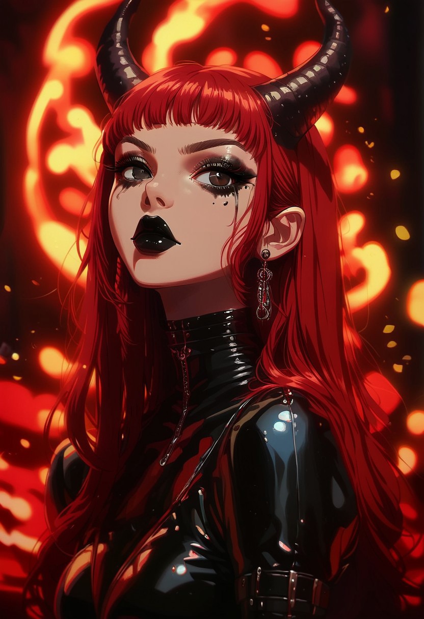 score_9, score_8_up, score_7_up, score_6_up, NEOST, 1girl, long red hair, horns, dark eyes, black lipstick, glossy makeup, teardrop makeup, black latex outfit, choker, large earrings, fiery background, blurry background, warm lighting, indoor, detailed,