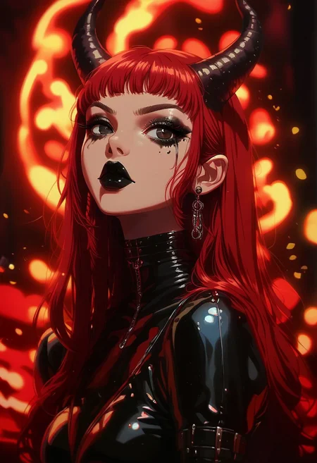 score_9, score_8_up, score_7_up, score_6_up, NEOST, 1girl, long red hair, horns, dark eyes, black lipstick, glossy makeup, teardrop makeup, black latex outfit, choker, large earrings, fiery background, blurry background, warm lighting, indoor, detailed,