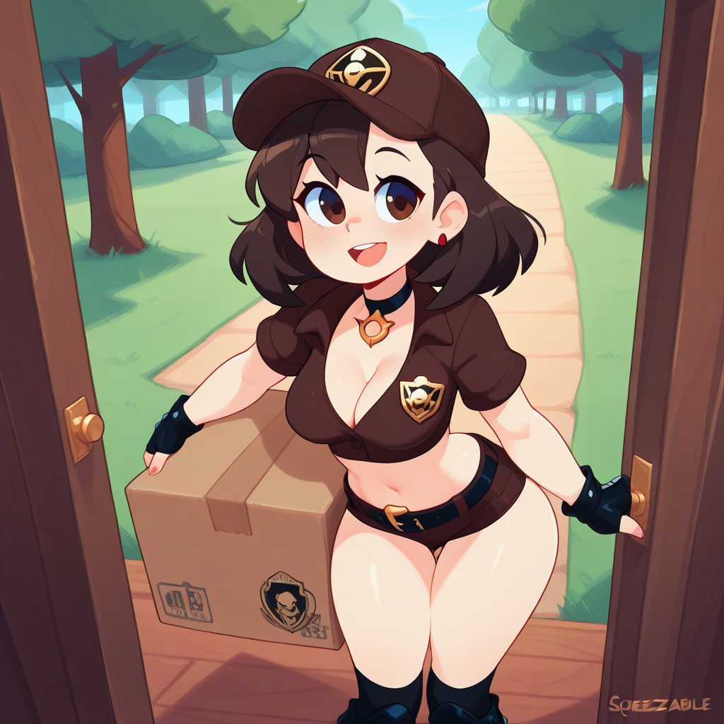 source_western, cowboy shot, (drawn by Scott Malin, drawn by Squeezable \(squeezabledraws\), drawn by Fizintine), marnie\(pokemon\), wide happy open mouth smile, 
<lora:UPS_Delivery_Girl_Outfit_Illustrious:1>  USPgirl, dark brown hat with gold badge emblem, skin tight dark brown cropped short sleeve professional shirt with a gold badge emblem, cleavage, skin tight dark brown micro shorts, black fingerless gloves, belt, over knee black socks, boots, skin tight clothes, dark brown clothes, bare thighs, midriff,  holding a cardboard box,
standing in a doorway, indoors, in a home living room, door open to outside street, trees, grass,