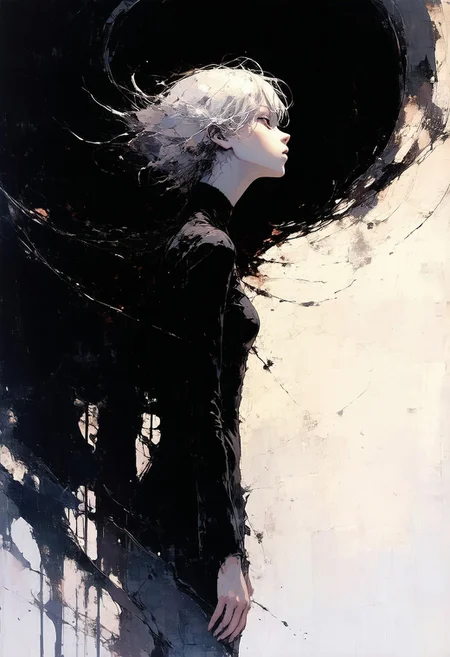 ,anime art , by Ashley Wood, young  woman,, An abstract, dreamlike body, of a young hair queen  with a mesmerizing Turing Patterns background, where the black color creates an illusion of depth, producing a parallax effect that draws the viewer's eye in, as if the subject is emerging from a vortex of swirling, dark, and mysterious patterns, her face a blend of soft, ethereal features and sharp, geometric lines, with a three-quarter view that invites the viewer to step into her world, where the boundaries between reality and abstraction blur.