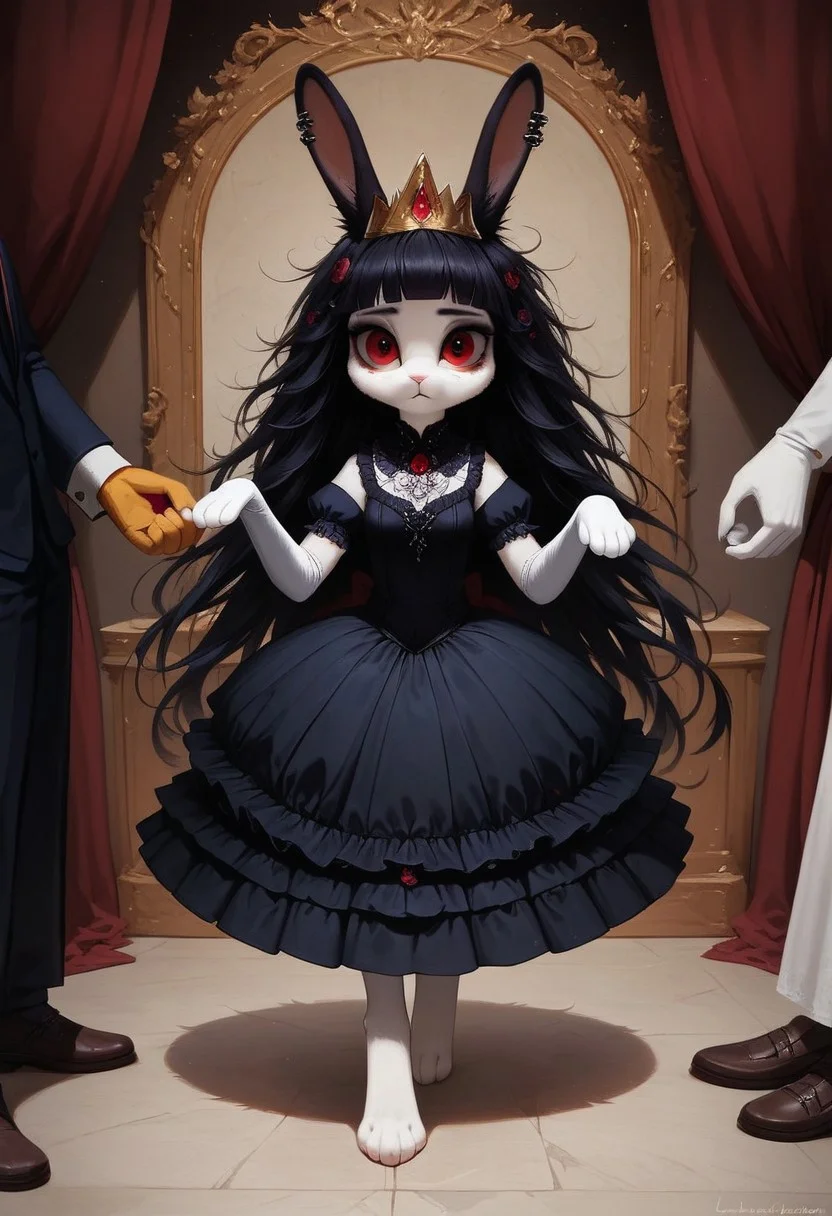 score_9, score_8_up, (night time, in living room , many men,Touch the genital area ,Grab wrist)
,(semi-realistic),(furry:2.0),
rabbit girl, rabbit ears,Rabbit Tail,(black rabbit ears:1.3, (cute face, cute), white skin, bored face, small medium chest, long hair, (black hair:1.2), messy hair , blunt bangs, (red eyes:1.1), hair covers ear, (youthful:1.), (crown,Princess dress,Dress long gloves,White silk stockings, goth),medium boobs,
(female focus, full body:0.8) ,
(detailed faces1.5) , masterpiece, high res, (detailed eyes, Expressiveh, perfect eyes) <lora:Expressive_H:1>