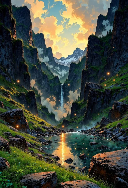 Icelandic Fjord Valley – Rugged Cliffs & Serene Waterways
"A stunning valley in Iceland, where dramatic cliffs plunge into a winding fjord below. The water glistens under the golden glow of the midnight sun, while waterfalls cascade from the towering rock faces. Green moss blankets the valley floor, contrasting beautifully with the dark volcanic rock and the icy blue of the distant glaciers."