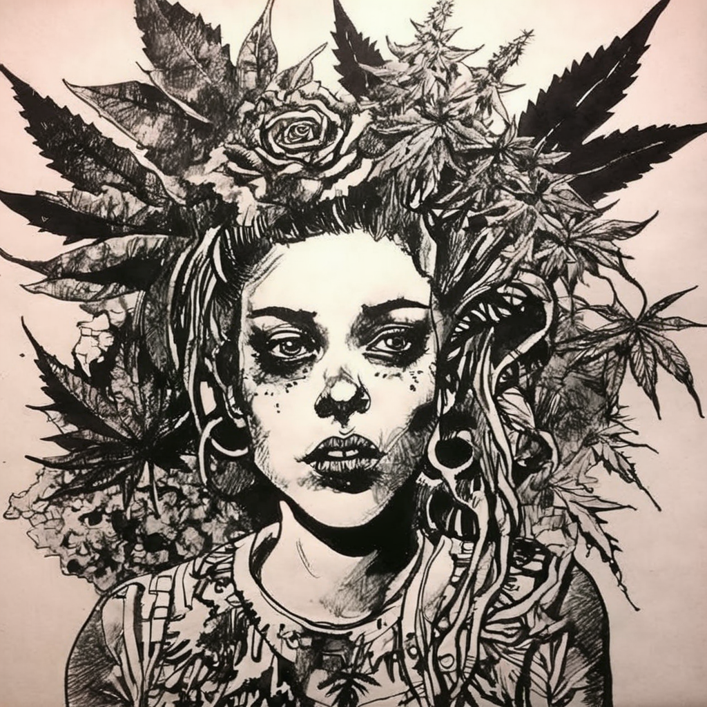 drawix20 marijuana leaves surrounding a punk girl, very detailed, black ink <lora:drawix20:1>