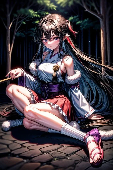 masterpiece, best quality 1girl Setsun4 solo long hair, (night time) forest background black hair very long hair purple eyes multicolored hair armor (fur trim) (medium body),<lora:EMS-179-EMS:0.800000>,<lora:EMS-293862-EMS:0.800000>ascot, bare shoulders, black footwear, detached sleeves, embellished costume, frills, japanese clothes, nontraditional miko, red skirt, sandals, sarashi, skirt, socks, armor, miko