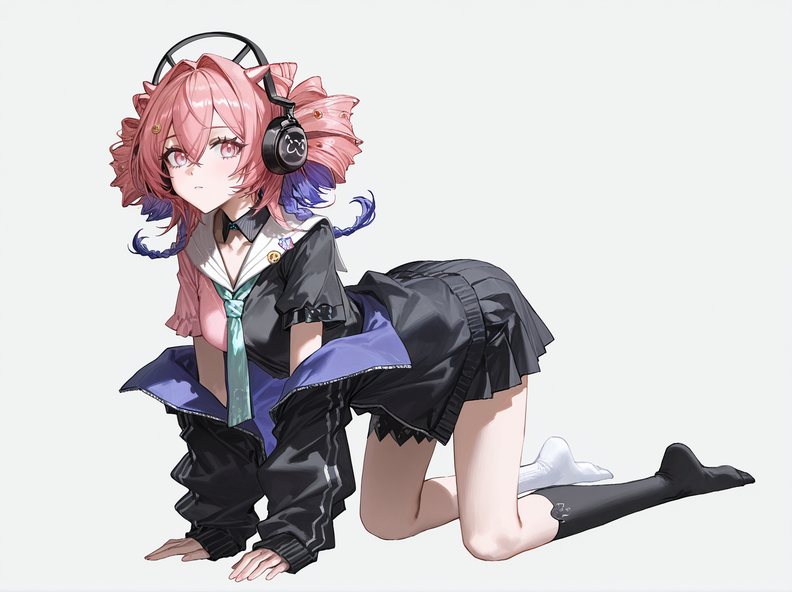 1girl,u-official \(arknights\),masterpiece,masterpiece,best quality,newest,absurdres,highres,incredibly absurdres,very aesthetic,
ryuuzaki ichi,quasarcake,modare,(horn/wood,3 \(sanyako1\),diyokama:0.7),
kneeling,sitting,full body,two-tone shirt,white sock,black sock,on stomach,all fours,mismatched legwear,
white background,simple background,
<lora:hand 5.5:1>,<lora:u-officail illu2:1>,