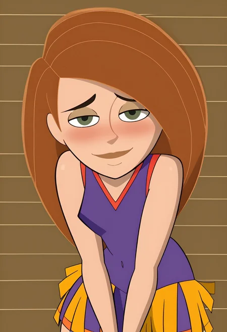 Kim, Standard cheerleading outfit, bending over,
small breasts, perfect boobs, naked, looking at viewer, smile, mouth closed, embarrassed, blushing, sexy look, naughty look, closed mouth,
bedroom,