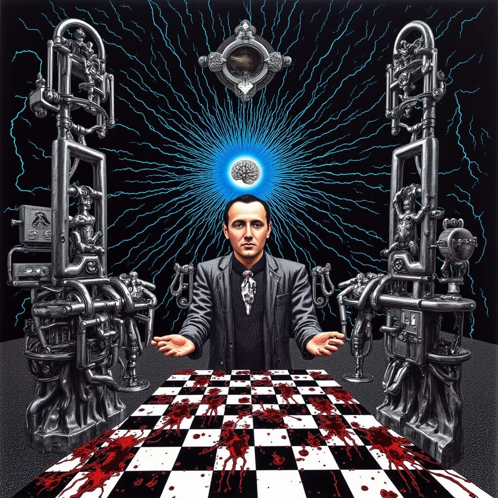 weird man with in a dark room with checkerboard blue lotus PEOPLE ARE trapped inside machinery, people crushed inside mechanical gears, arms crushed and bent, signs of wailing, people in business suits trapped in machinery. floors with blood on the ground with a white interior cyber tech electricity electical circuits illuminati symbols with brains and vaginas with high technology alchemical background lightning bolts