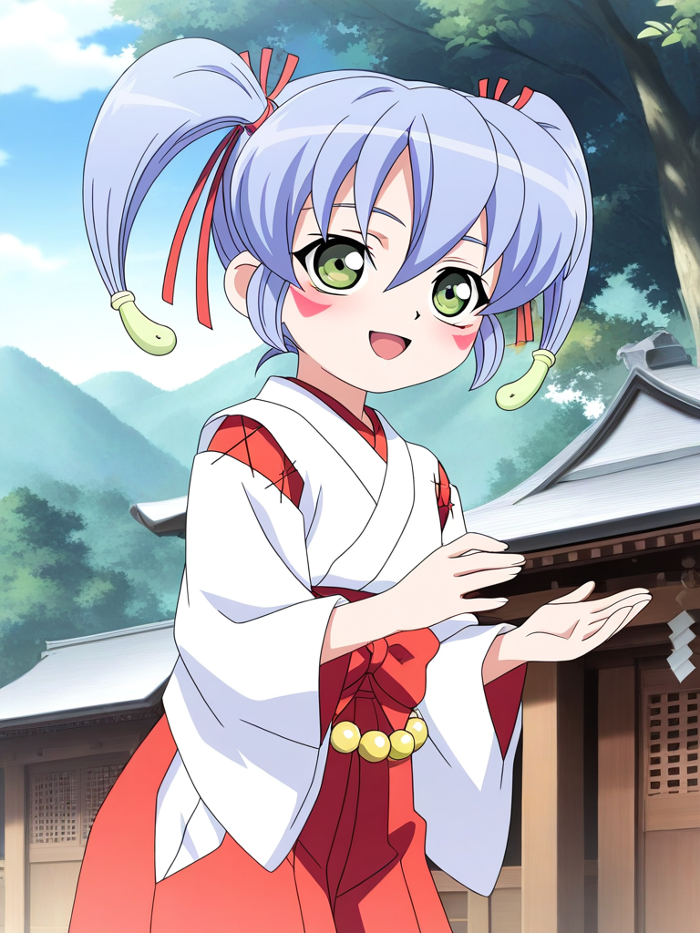 general,highres, ultra-detailed,very aesthetic,best quality ,best hands, BREAK <lora:Nazuna_Onmyou_Taisenki_Ver2.0_IS:1>
Nazuna, 1girl, solo, blue hair, short hair, red ribbon, hair ribbon, short twintails, magatama hair ornament,green eyes, light smile,
1girl, solo, japanese clothes, miko, green eyes, red hakama, long hair, skirt, open mouth, hakama, blue hair, blush, hakama skirt, long sleeves, facial mark, golden beads, waist beads,
red triangle facial mark, hair between eyes,white kimono,cross-laced sleeves,long sleeves, wide sleeves, red hakama pants, red layered waist bow,
shrine, outdoor, sky, tree,