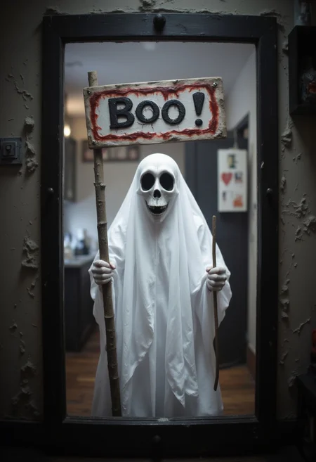 A friendly ghost holding up a sign that says "Boo!" in a funny Halloween meme.
, aidmaHalloweenBoost, aidmaHyperrealism, aidmaimageupgrader, aidmaabdhr, aidmafluxpro1.1