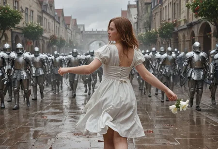 1 girl with an army of knights.
(happy little girl in clean white dress) runs with a white flower in her hand towards background (facing away) from camera. back turned.
(The Army of Knights is covered with blood and wounds), marching from right to left in background.
Masterpiece, DonMSt34mPXL, Realistic Lightning, Cinematic Lightning, Dark Lightning, Rain, Puddle, Clouded Sky, medieval, fantasy, pedestrians, Cape, Reflection, 1girl, army