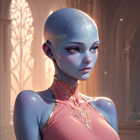 score_9, score_8_up, score_7_up, score_6_up, score_5_up, score_4_up, 1girl, zhaan, beautiful, blue skin, alien skin, blue eyes, pretty face, solo, colored skin, pink dress ,looking away, bald, <lora:OOPS-000007:0.4>
