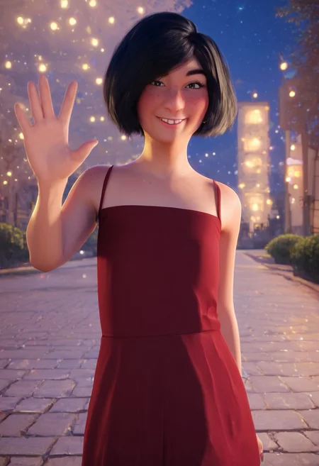 mariolina_red_rtzbb, 1girl, tanned skin, short black hair, thick eyebrows, dark green eyes, freckles, sleeveless red dress, black ballerinas, score_9_up, score_8_up, score_7_up, looking at viewer, smiling, waving at viewer, female focus, ultra detailed, detailed background, park, night, masterpiece, best quality, 8k, Expressiveh, realistic, 3d, portrait, cowboy shot, flat chest, handfixer