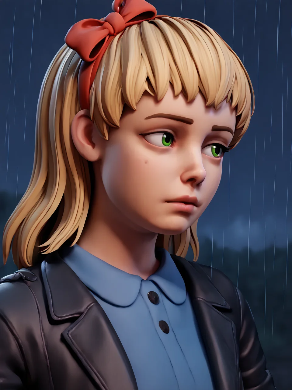 score_9, score_8_up, score_7_up, score_6_up, BREAK, EliAfton, 1girl, solo, blonde hair, green eyes, hairband, hair bow, blue shirt, black jacket, jeans, leather jacket, upper body, night, raining <lora:Elizabeth_Afton:1>
