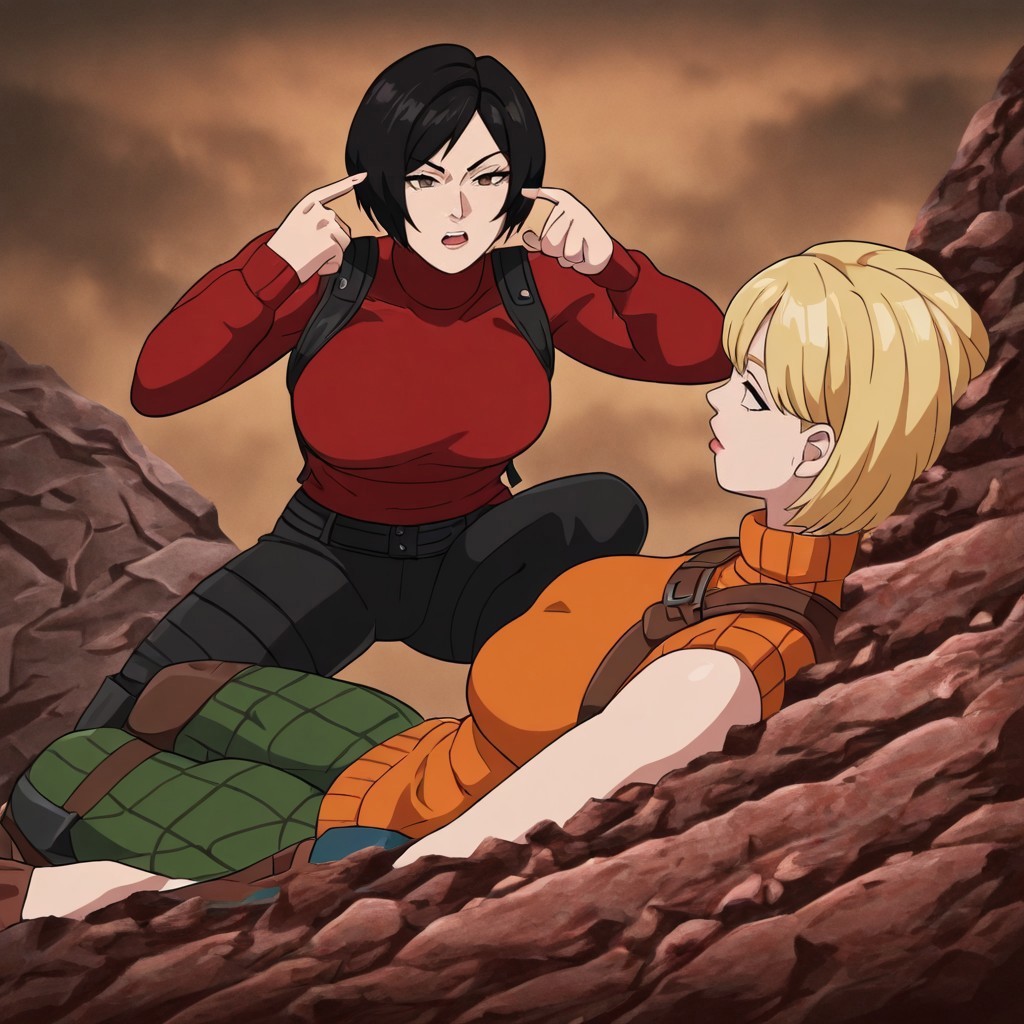 masterpiece, best quality, newest, absurdres, highres,  anime, anime style, TMTMEEV1.1-Fullscene,
BREAK
TMTMEMEV1.1-Role:Mark, lying, lying on rock, rock, 1girl, ashley graham \(resident evil\), blonde, orange shirt, blonde hair, orange sweater, sleeveless, sleeveless sweater, sleeveless tutrleneck, turtleneck, short hair, curtained hair,

BREAK
TMTMEMEV1.1-Role:Nolan, suqt, squating, pointing at self, 1girl, Ada_wong, /(resident evil/), asian, asian female, short hair, black hair, sweater, red sweater,




