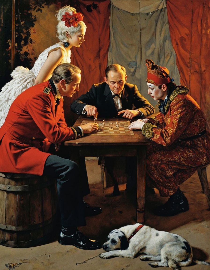 Art by Norman Rockwell. A painting of a circus scene with three clowns and two men playing chess in a tent. the scene is set in a dimly lit circus tent with warm, golden light streaming through the tent, creating a dramatic atmosphere. on the left side of the image, a man in a red military uniform sits at a wooden barrel, looking intently at a woman in a white feathered dress with a red flower in her hair, who appears to be in her late twenties or early thirties. the woman is standing behind the man in the red uniform, her face partially obscured by her white hair. the man sitting at the table is wearing a black suit and has a serious expression on his face, his hands clasped together in front of him. the clown on the right side is sitting on a stool, wearing a red and gold outfit with a white face paint and a red hat, and is facing the viewer. his eyes are directed at the woman in the white dress, who is looking at him with a gentle expression. a small dog lies on the ground next to the table, looking up at the scene.