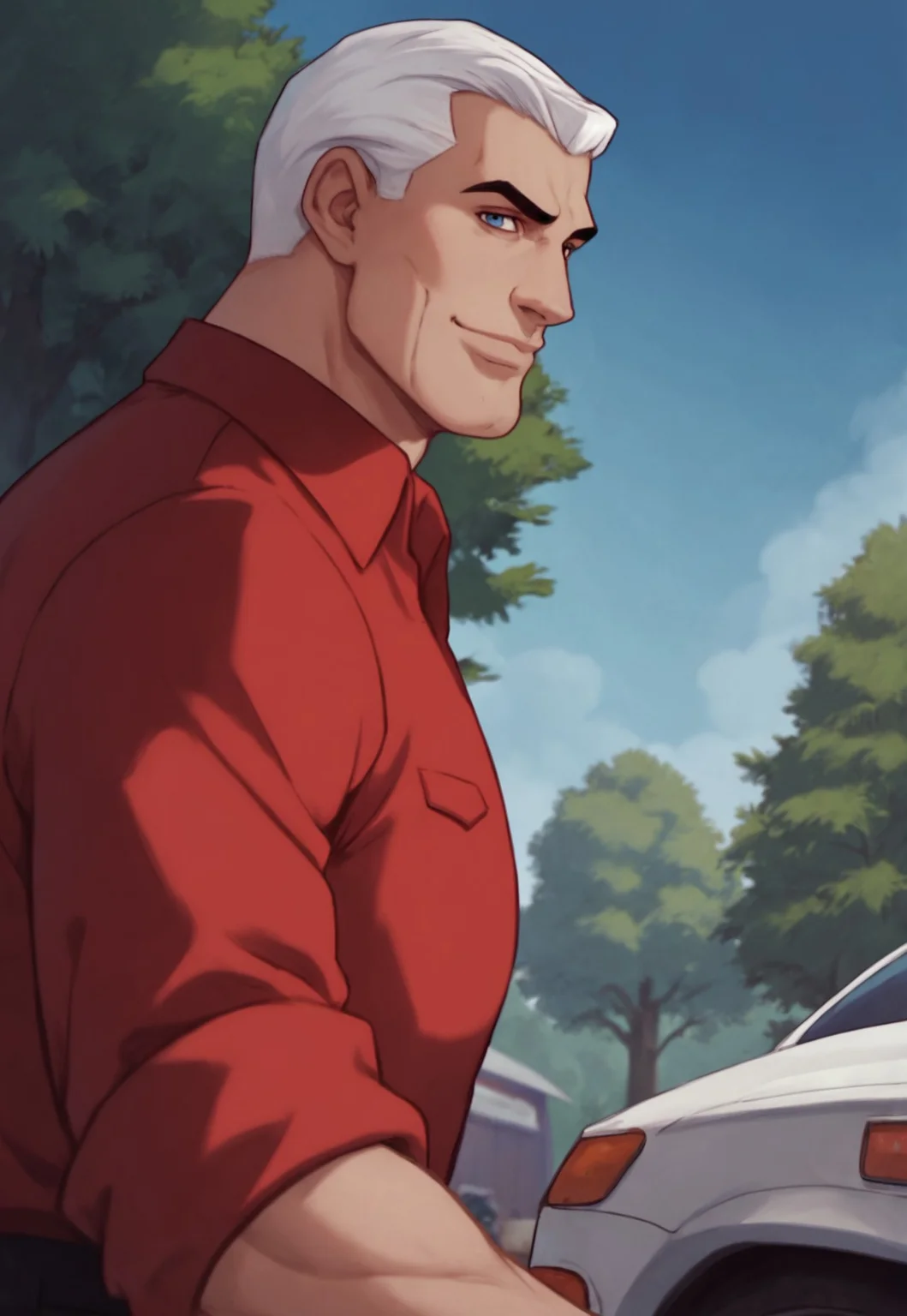 score_9, score_8_up, RaceBannon, blue eyes, short hair, red shirt, sleeves rolled up, white hair, muscular, portrait, looking at viewer, smile, garage, outdoors, blue sky, tree, side view, dutch angle, rugged male, manly,