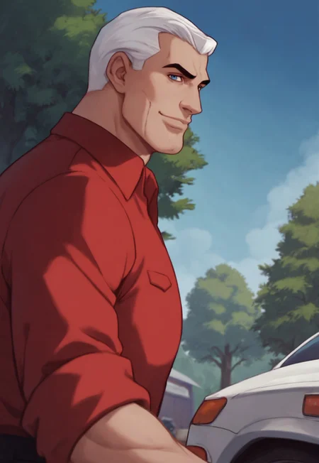 score_9, score_8_up, RaceBannon, blue eyes, short hair, red shirt, sleeves rolled up, white hair, muscular, portrait, looking at viewer, smile, garage, outdoors, blue sky, tree, side view, dutch angle, rugged male, manly,