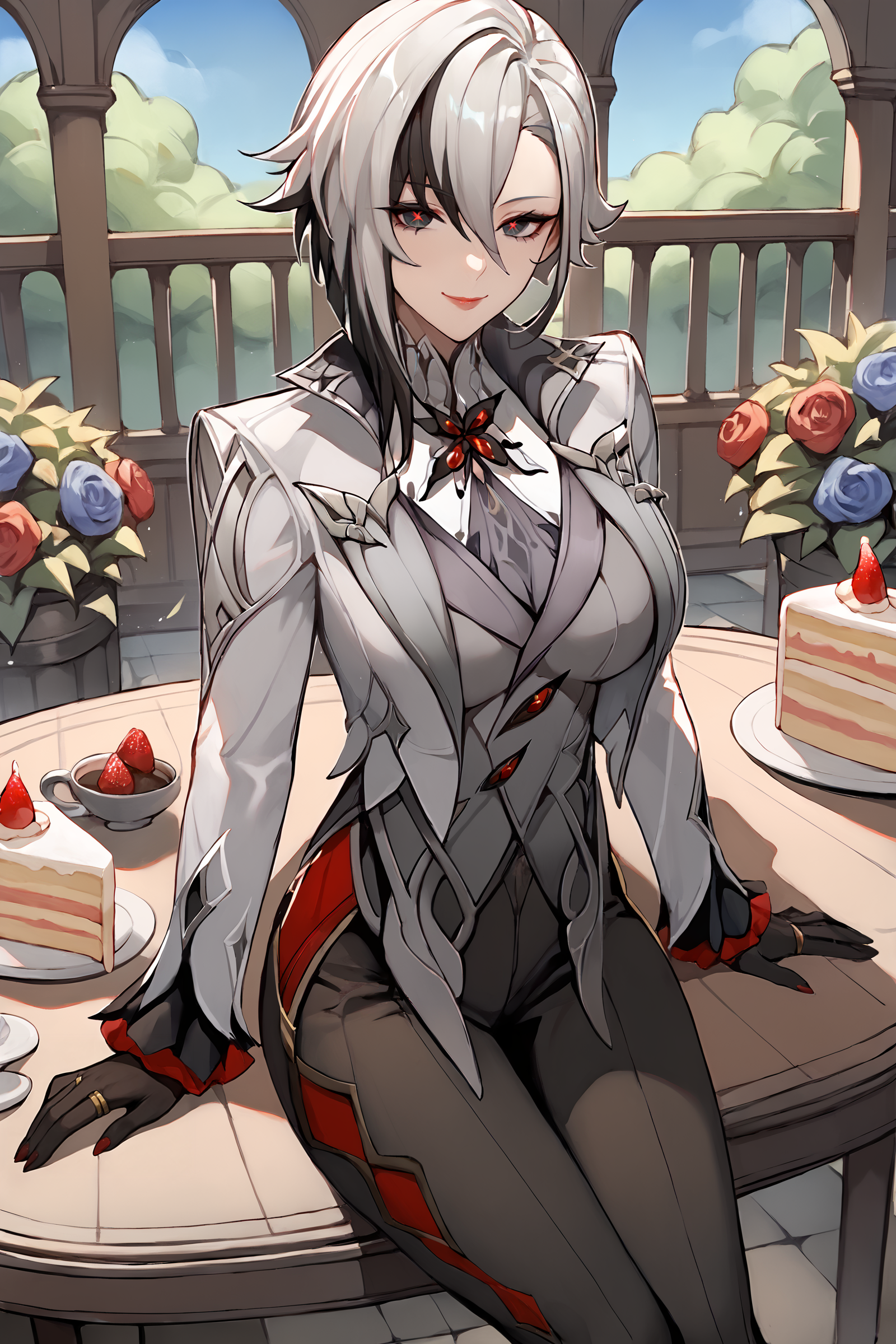 score_9, score_8_up, score_7_up, source_anime , 1girl, arlecchino \(genshin impact\), black gloves, grey tailcoat, black pants, grey vest, grey shirt, looking at viewer, evil smile, looking at viewer, sitting, cowboy shot, chair, table, cake, garden, outdoor, depth of field  <lora:Expressive_H:0.4> <lora:odanon_style_v2:0.5>  <lora:Char-Genshin-Arlecchino-Pony-V1:0.9>