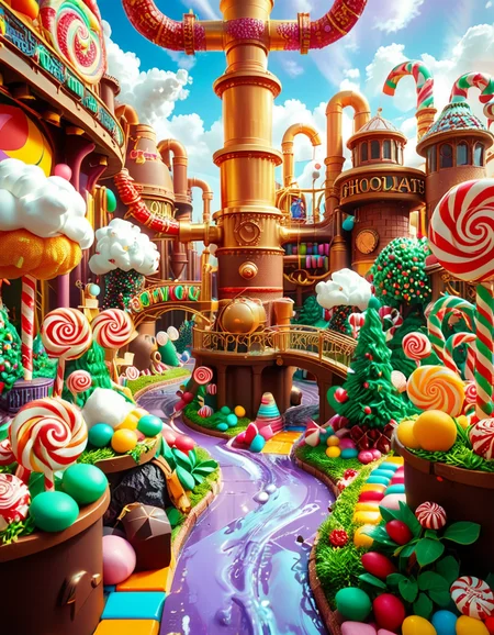 A whimsical and magical photo of Willy Wonkaâs Chocolate Factory. The scene captures the exterior of the factory, featuring a towering, fantastical building with colorful, crooked chimneys puffing out clouds of candy-scented steam. The walls are made of vibrant bricks in shades of purple, gold, and red, with intricate candy-inspired patterns carved into the structure. A large, ornate gate made of swirling lollipop shapes stands at the front, with the name "Willy Wonka" emblazoned in gold letters. Surrounding the factory is a lush, surreal landscape filled with oversized candy canes, gumdrop bushes, chocolate rivers, and trees made of cotton candy. The sky is bright and cheerful, with fluffy clouds that resemble whipped cream. The entire setting feels magical, playful, and inviting, full of bright, saturated colors and incredible, dreamlike details that spark the imagination.
<lora:SDXLFaeTastic2400:0.4> <lora:extremely_detailed:0.4> extremely detailed, <lora:Willy_W0nk4_chocolate_f4ct0ry:1>,Willy W0nk4 chocolate f4ct0ry, Masterpiece,best quality,hi res,8k,hi res,8k,award winning,(sharp focus, intricate, highly detailed),