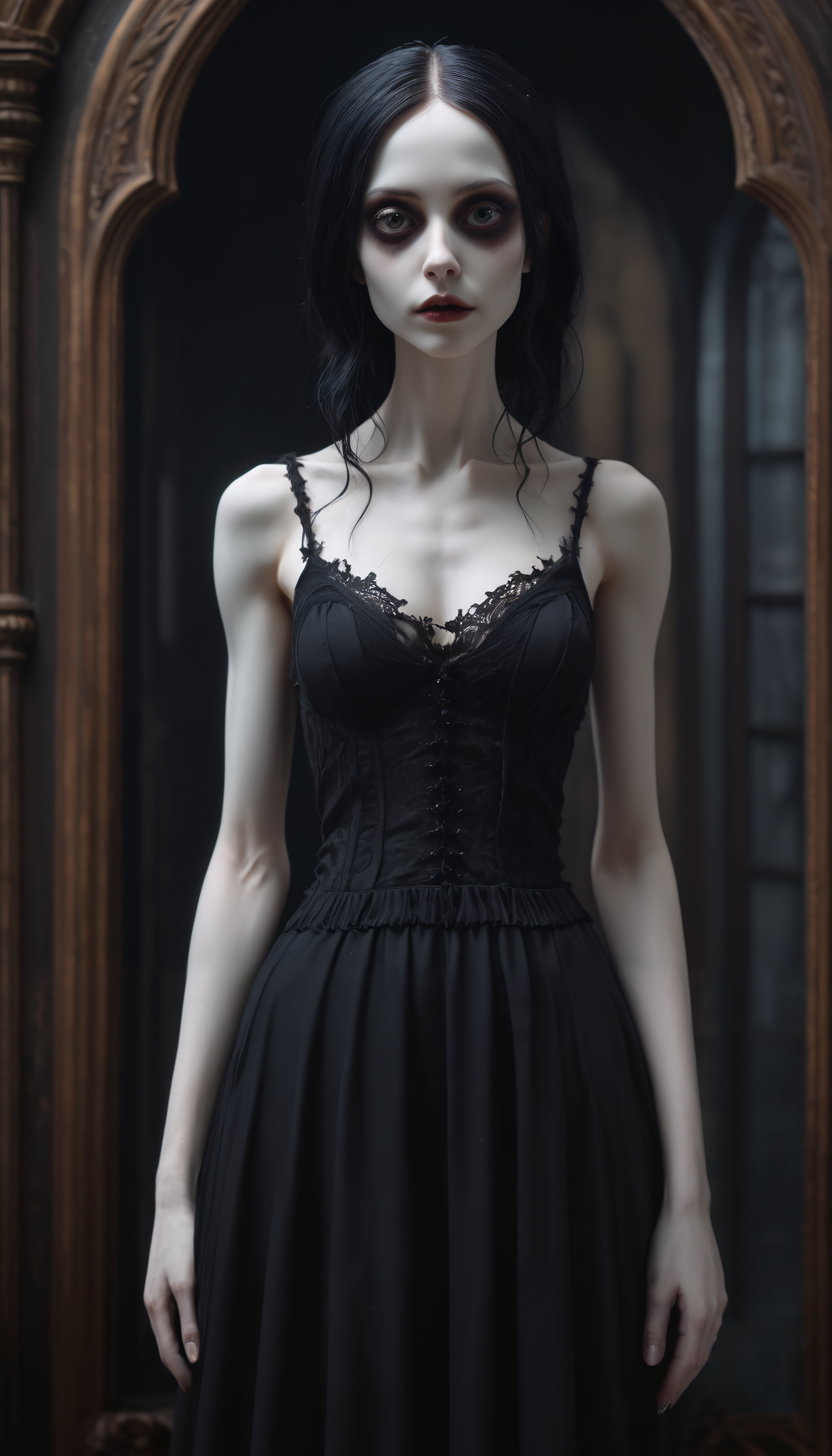 Positiv Clip L
full body shot, cinematic,highly detailed,
hyper realistic, skinny gothic woman, boxes, Craft a piece of Gothic Revival art showcasing a gothic-inspired village with cobblestone streets, crooked cottages, and ominous shadows, creating a sense of gothic village life and mystery.
Positive Clip G
full body shot, cinematic,highly detailed,
hyper realistic, an award-winning impressive Full shot of the face of a skinny Gothic woman that captivates the viewer. Her pale, porcelain-like skin appears almost supernatural, while her dark eyes exude depth and penetration. The fine details of her face are accentuated by the interplay of light and shadow, highlighting her distinctive features. The dark lips lend a mysterious sensuality to her expression. This close-up captures the intensity and captivating allure of Gothic aesthetics in a single moment, Craft a piece of Gothic Revival art showcasing a gothic-inspired village with cobblestone streets, crooked cottages, and ominous shadows, creating a sense of gothic village life and mystery.
---------