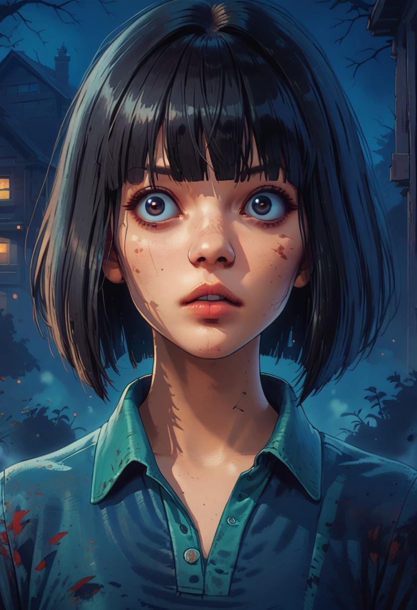 score_9, score_8_up, score_7_up, score_6_up, 1girl, m4ng4, fengmin, halftone effect, retro artstyle, ghosts, haunted house, short hair, black hair, black eyes, bob cut, bangs, blunt bangs, polo shirt, collared shirt, short sleeves, torn clothes, night, fog, detailed eyes, round eyes, round pupils,