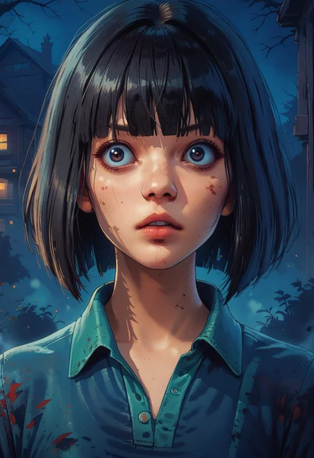 score_9, score_8_up, score_7_up, score_6_up, 1girl, m4ng4, fengmin, halftone effect, retro artstyle, ghosts, haunted house, short hair, black hair, black eyes, bob cut, bangs, blunt bangs, polo shirt, collared shirt, short sleeves, torn clothes, night, fog, detailed eyes, round eyes, round pupils,