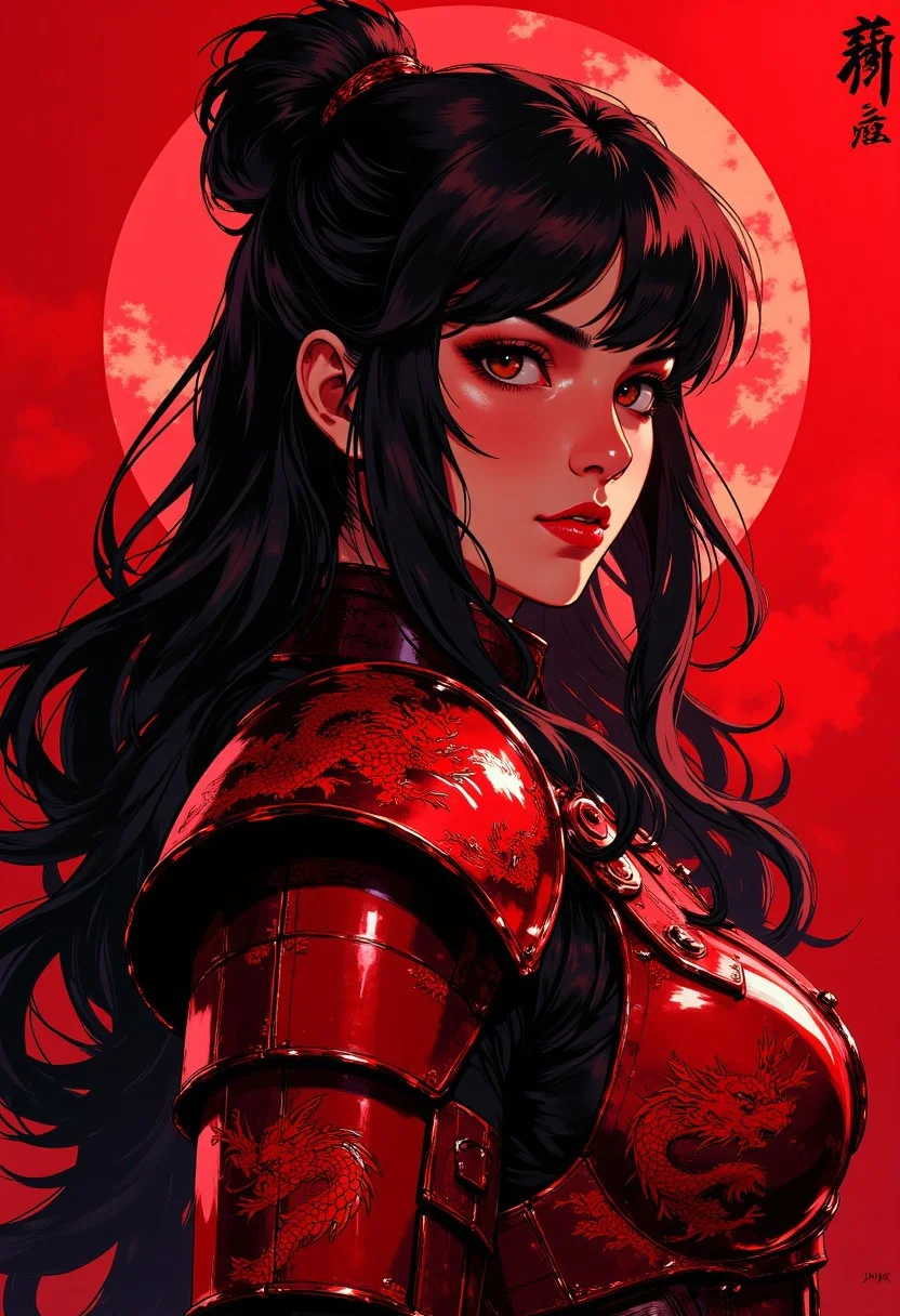 j_art, portrait of a japanese warrior princess, long hair, bangs, sidelocks, dark eyeshadow, red lips, red plated leather armour embossed with eastern dragon motif, directional light