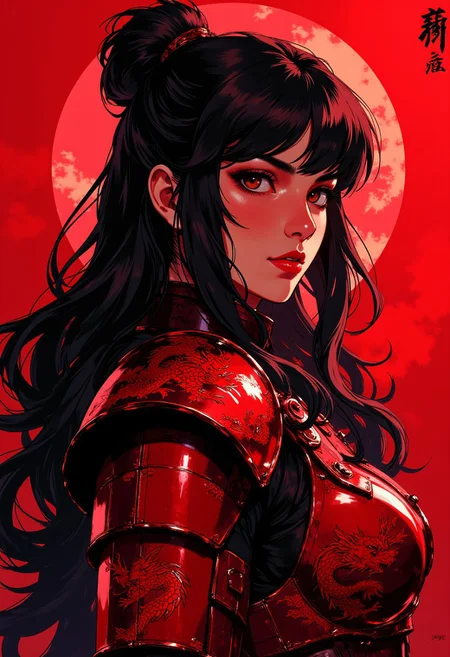 j_art, portrait of a japanese warrior princess, long hair, bangs, sidelocks, dark eyeshadow, red lips, red plated leather armour embossed with eastern dragon motif, directional light