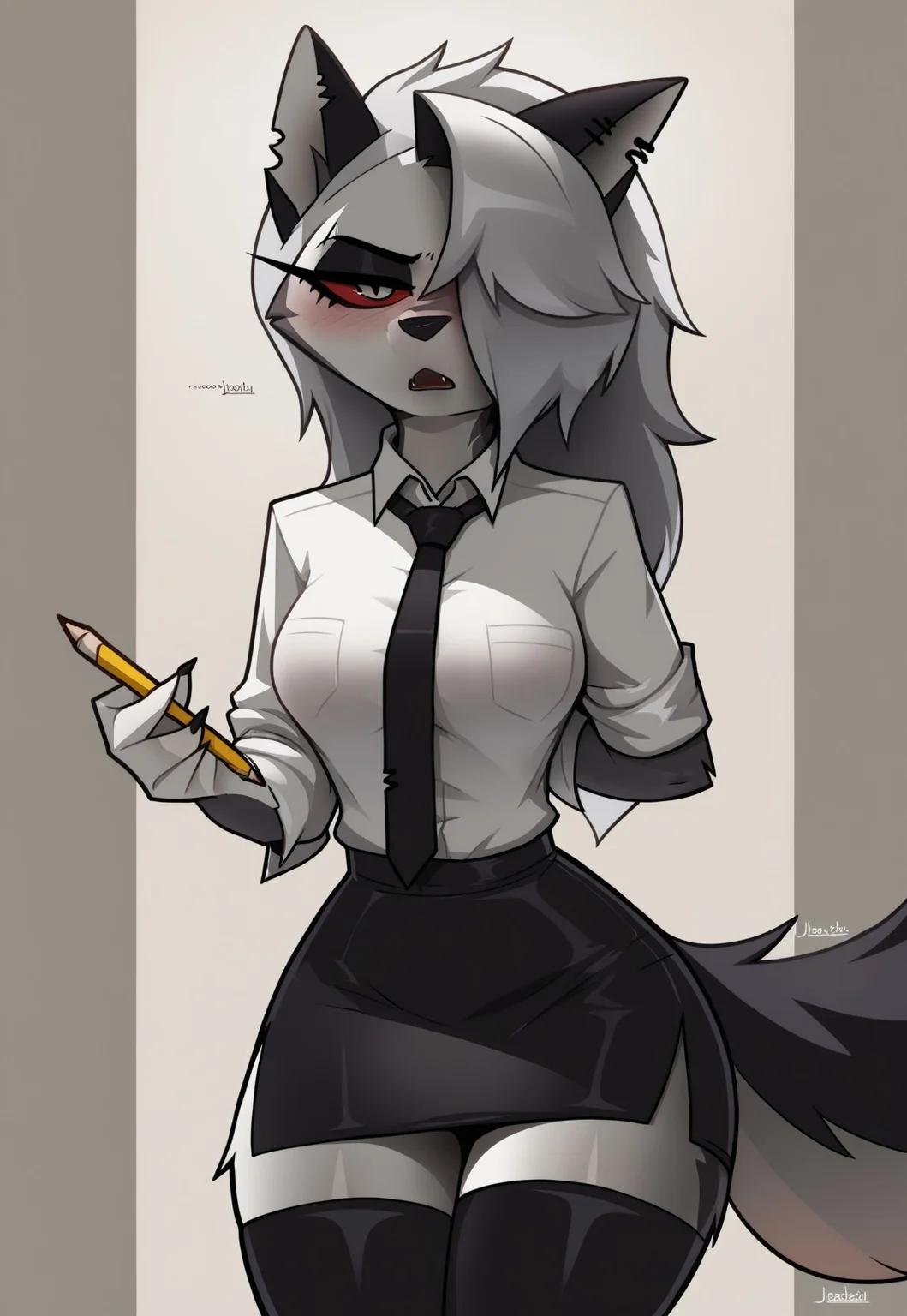 safe_pos, Score_9, Score_8, Score_7, jizoku style, 1girl, solo, skirt, thighhighs, necktie, furry, shirt, furry female, black skirt, wolf girl, hair over one eye, collared shirt, black thighhighs, breasts, blush, looking at viewer, open mouth, cowboy shot, black necktie, piercing, ear piercing, pencil skirt,