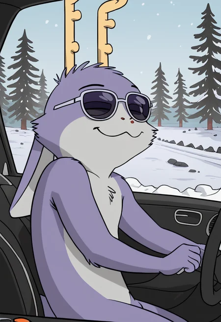 score_9, score_8_up, score_8, <lora:Taylor_aka_Fatigue_Bedfellows_for_PonyXL:0.8> 1boy, furry male, animal ears, antlers, f4tigu3, jackalope, driving, snow, shades